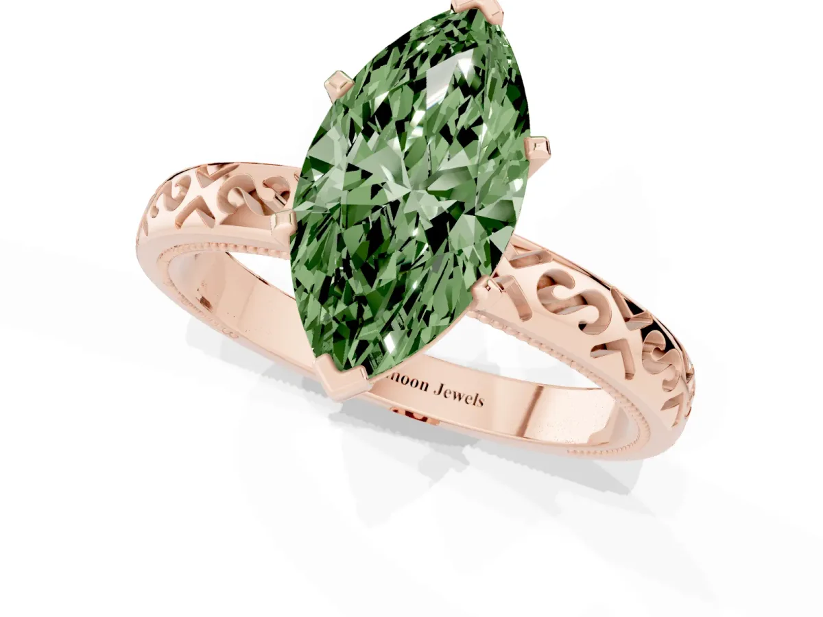 Fancy Green Marquise Cut Solitaire Engagement Ring with Scrollwork Band and Four-Prong Setting Rose gold