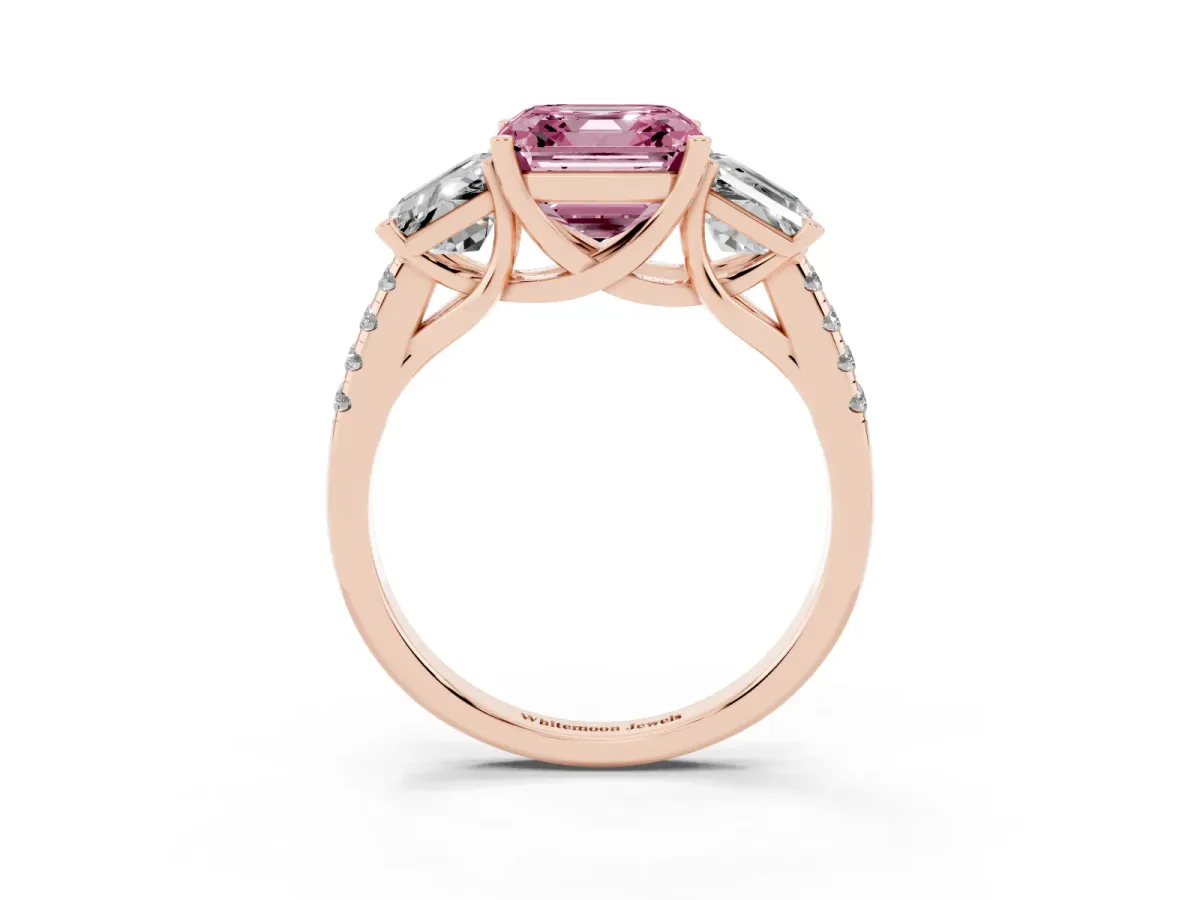 Fancy Pink Three-Stone Asscher Cut Diamond Ring with Round Pavé Band and Prong Setting Rose gold