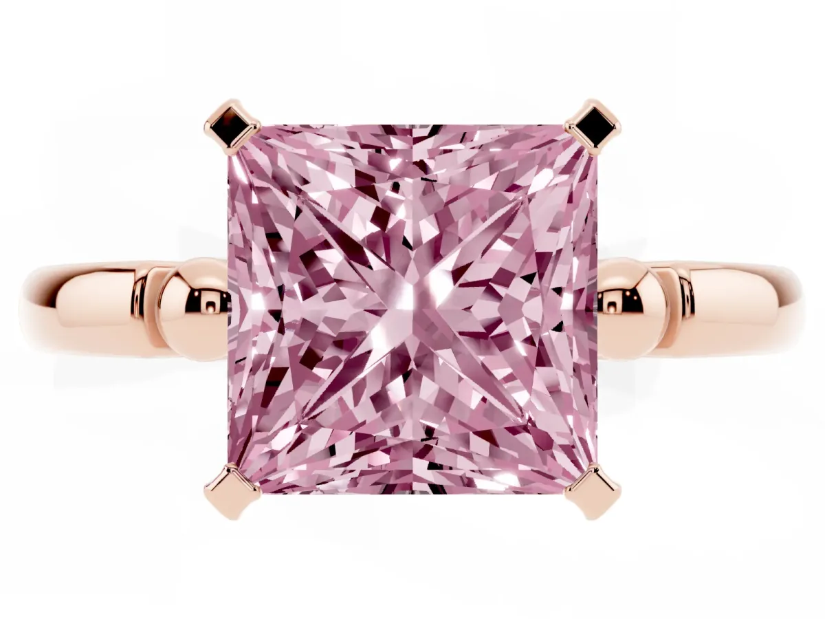 Fancy Pink Princess Cut Solitaire Beaded Band with Four-Prong Setting Rose gold