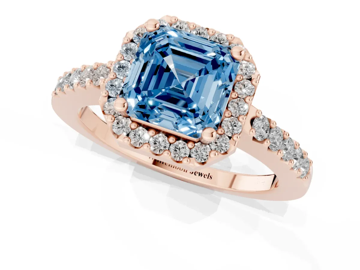 Fancy Blue Asscher Cut Halo Diamond Pavé Solitaire Ring Rose gold