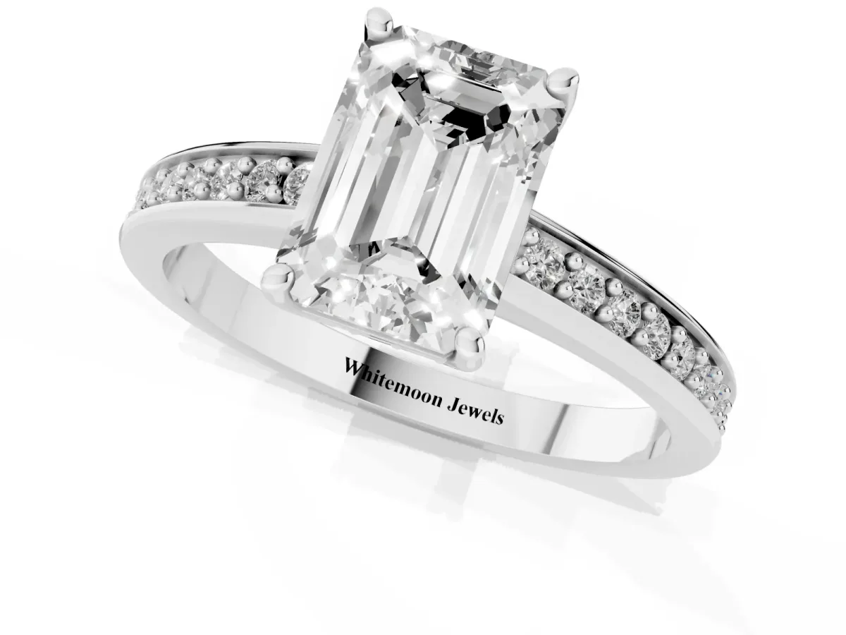 Emerald Cut Solitaire Pavé Band Prong Setting Ring White gold