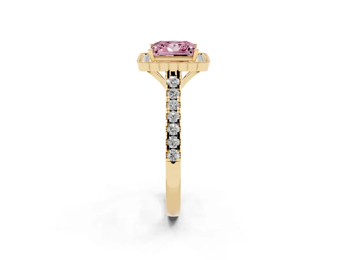 Fancy Pink Princess Cut Cut Diamond Milgrain Floral Halo Engagement Ring with Pavé Band Yellow gold