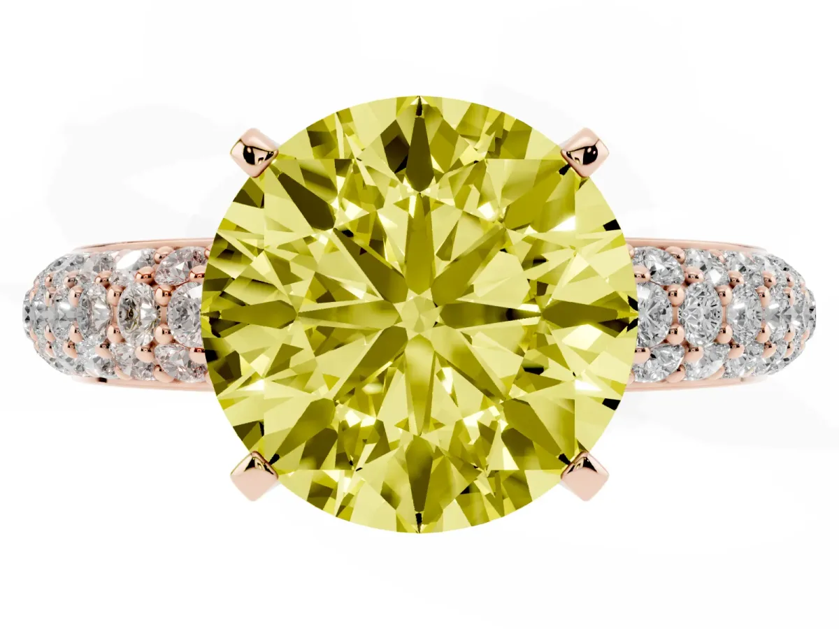 Fancy Yellow Round Cut Diamond Solitaire Ring with Prong Setting and Pavé Band Rose gold