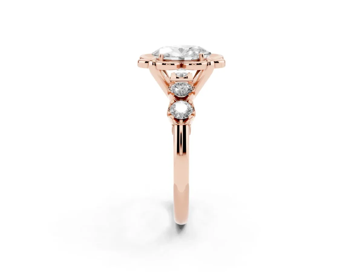 Oval Cut Cut Diamond Floral Halo Engagement Ring with Shared Prong Setting Rose gold