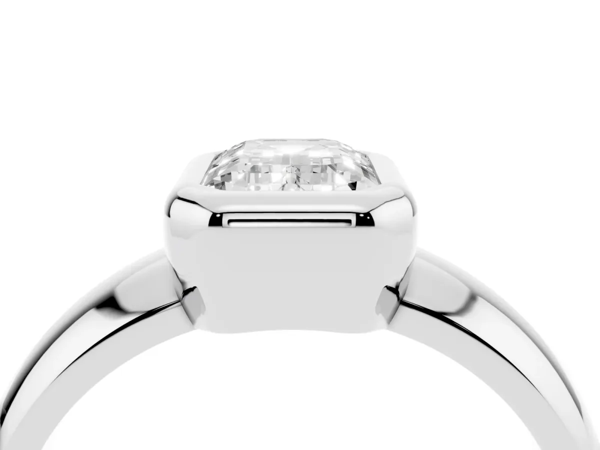 Bezel Set Emerald Cut Solitaire Ring with Wide Band Silver