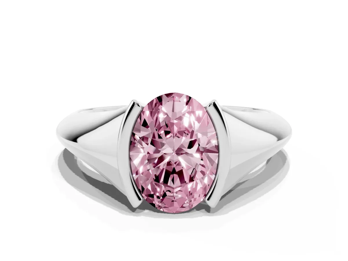 Fancy Pink Oval Cut Solitaire Tension Set Diamond Ring Silver