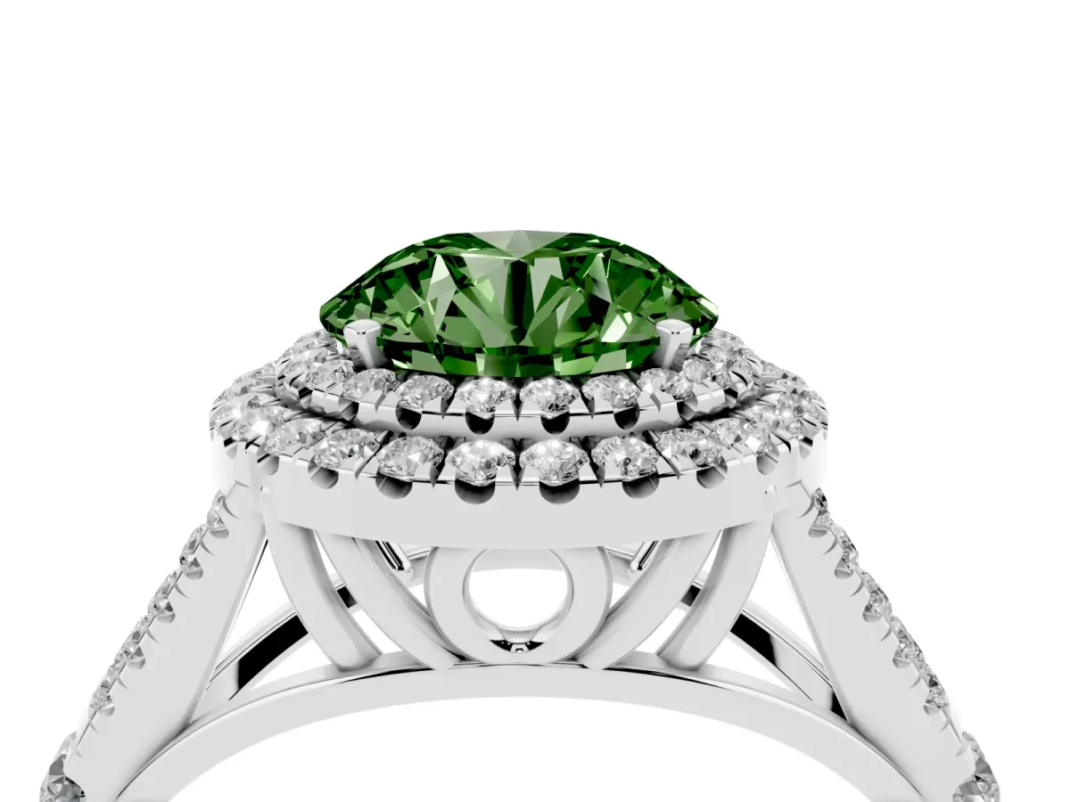 Fancy Green Round Cut Cut Double Halo Split Shank Diamond Ring with Prong Setting Silver