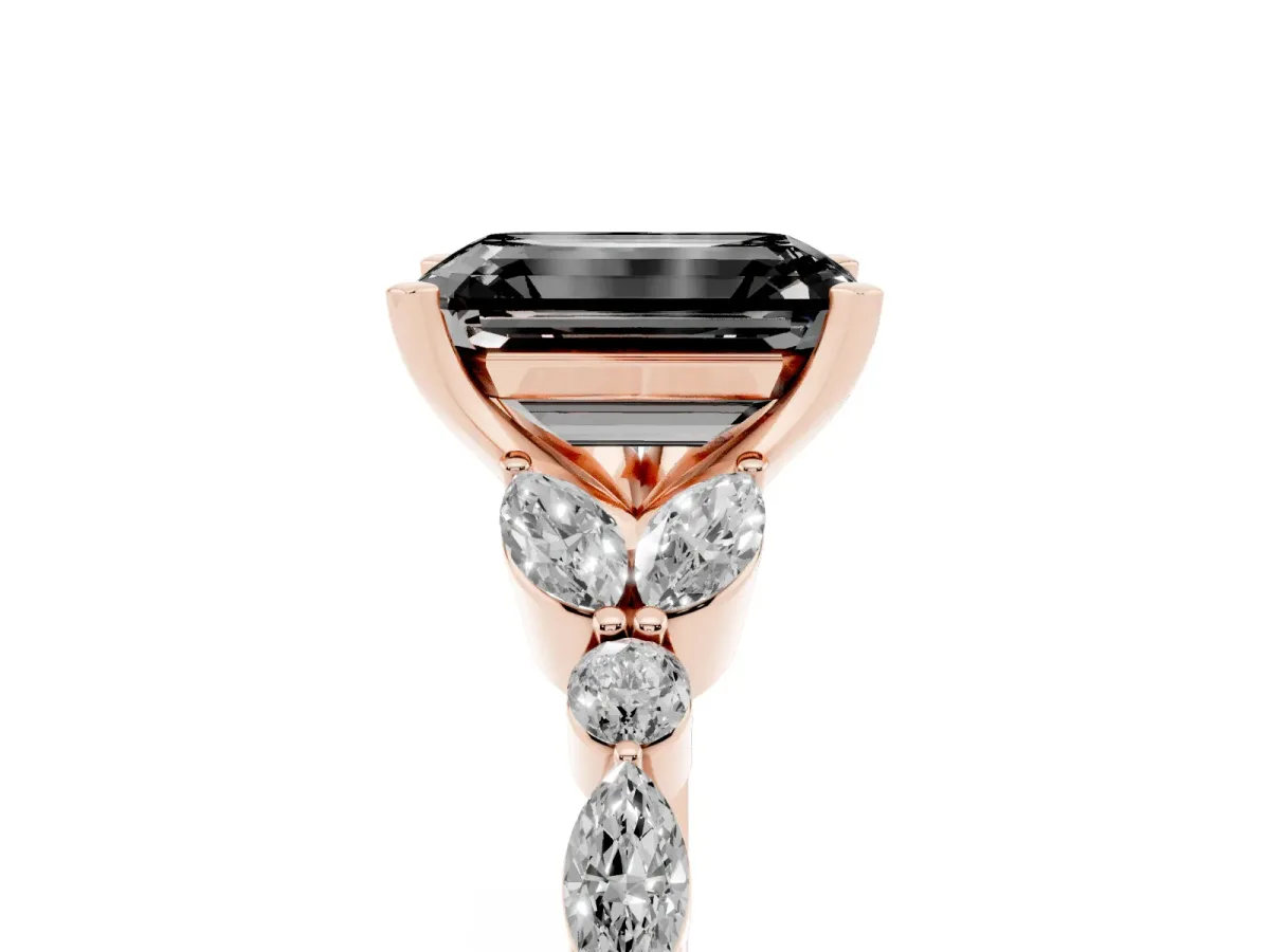 Fancy Black Emerald Cut Diamond Solitaire Ring with Side Stones and Four-Prong Setting Rose gold