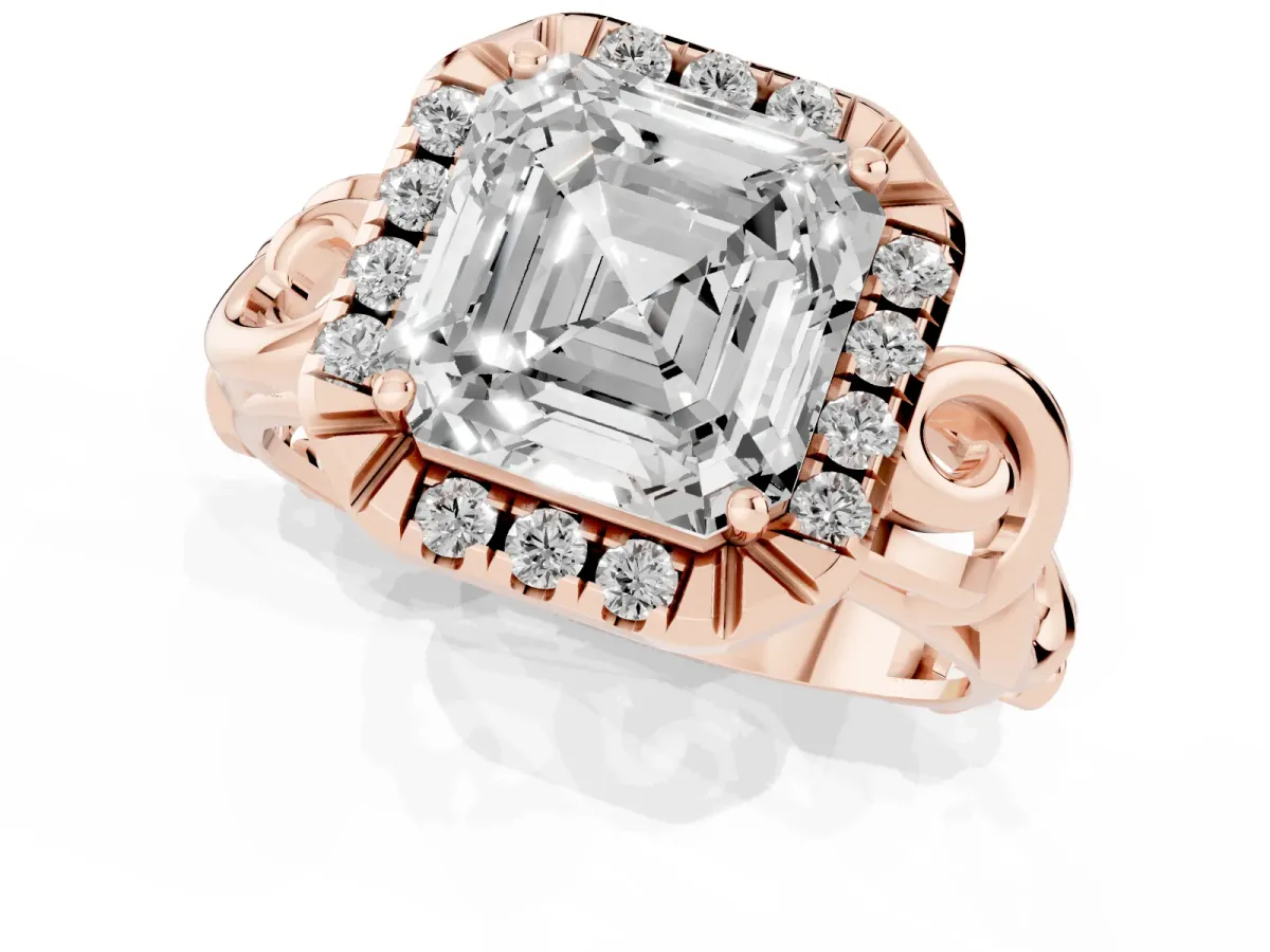 Asscher Cut Cut Halo Diamond Ring with Scrollwork Band and Four-Prong Setting Rose gold