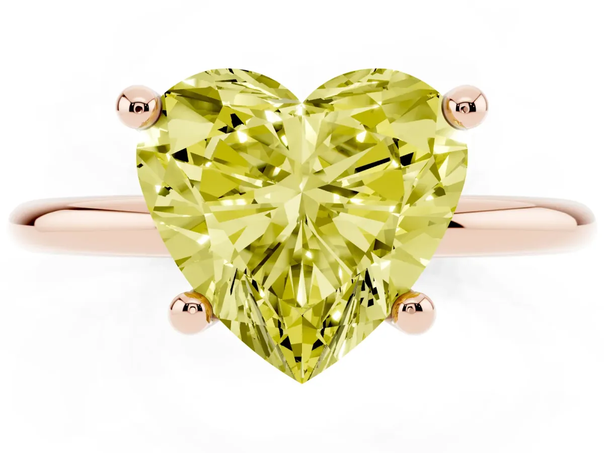 Fancy Yellow Heart Cut Solitaire Diamond Ring with 4-Prong Setting on a Classic Band Rose gold