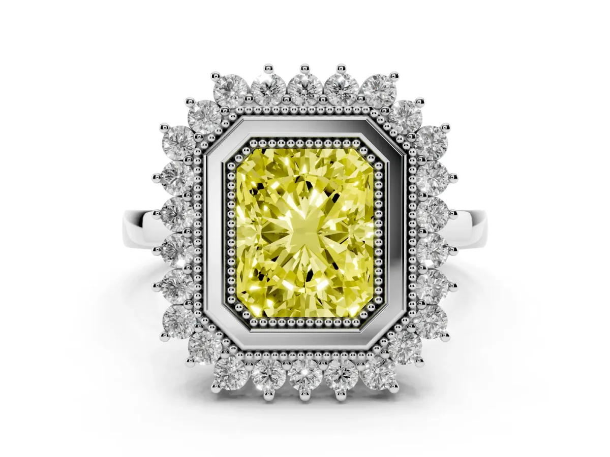 Fancy Yellow Radiant Cut Halo Diamond Ring with Milgrain Edge and Round Prong Setting Silver