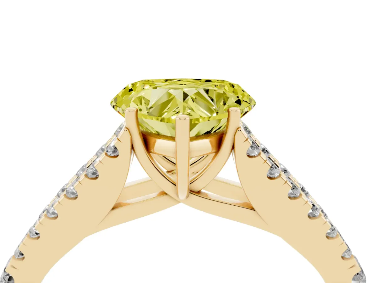 Fancy Yellow Heart Cut Diamond Split Shank Engagement Ring with Round Pavé and Prong Setting Yellow gold