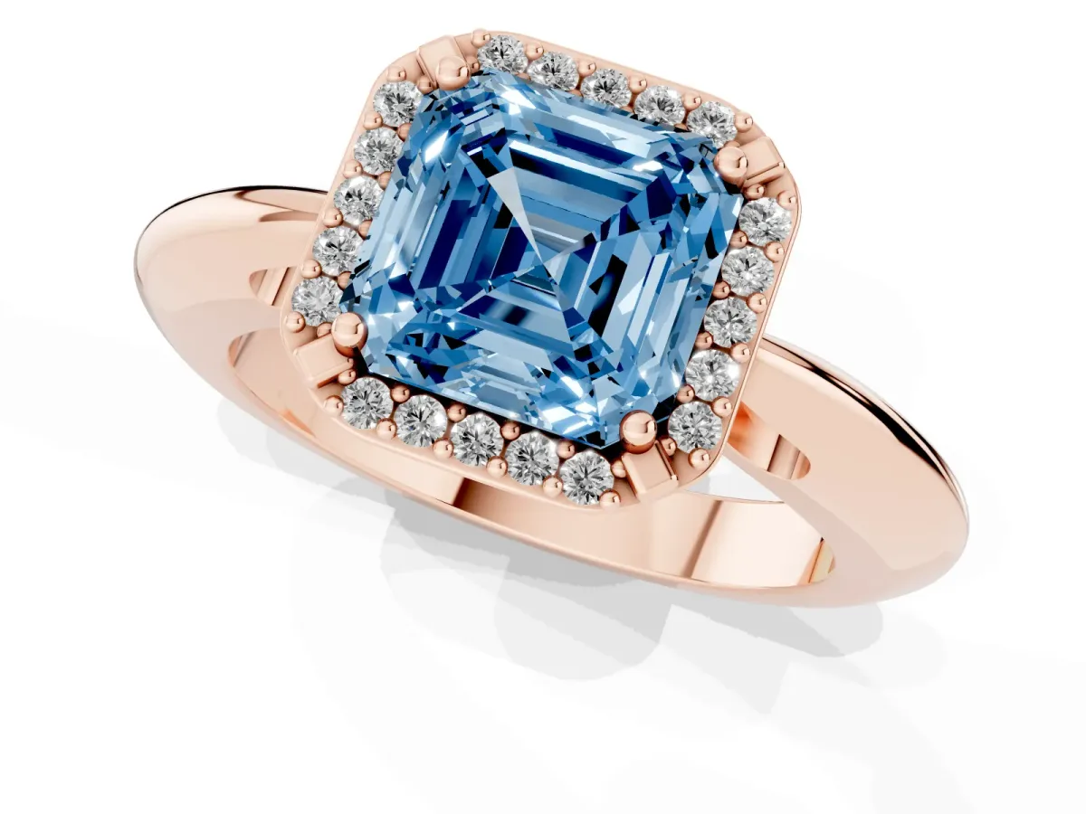 Fancy Blue Asscher Cut Cut Diamond Halo Engagement Ring with Split Shank and Four-Prong Setting Rose gold