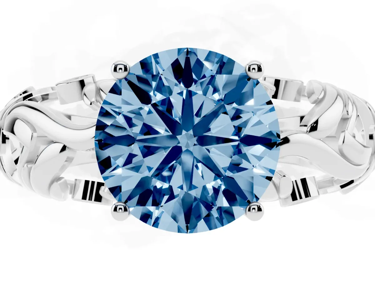 Fancy Blue Round Cut Solitaire Diamond Leaf-Inspired Vine Band Ring with Prong Setting Silver
