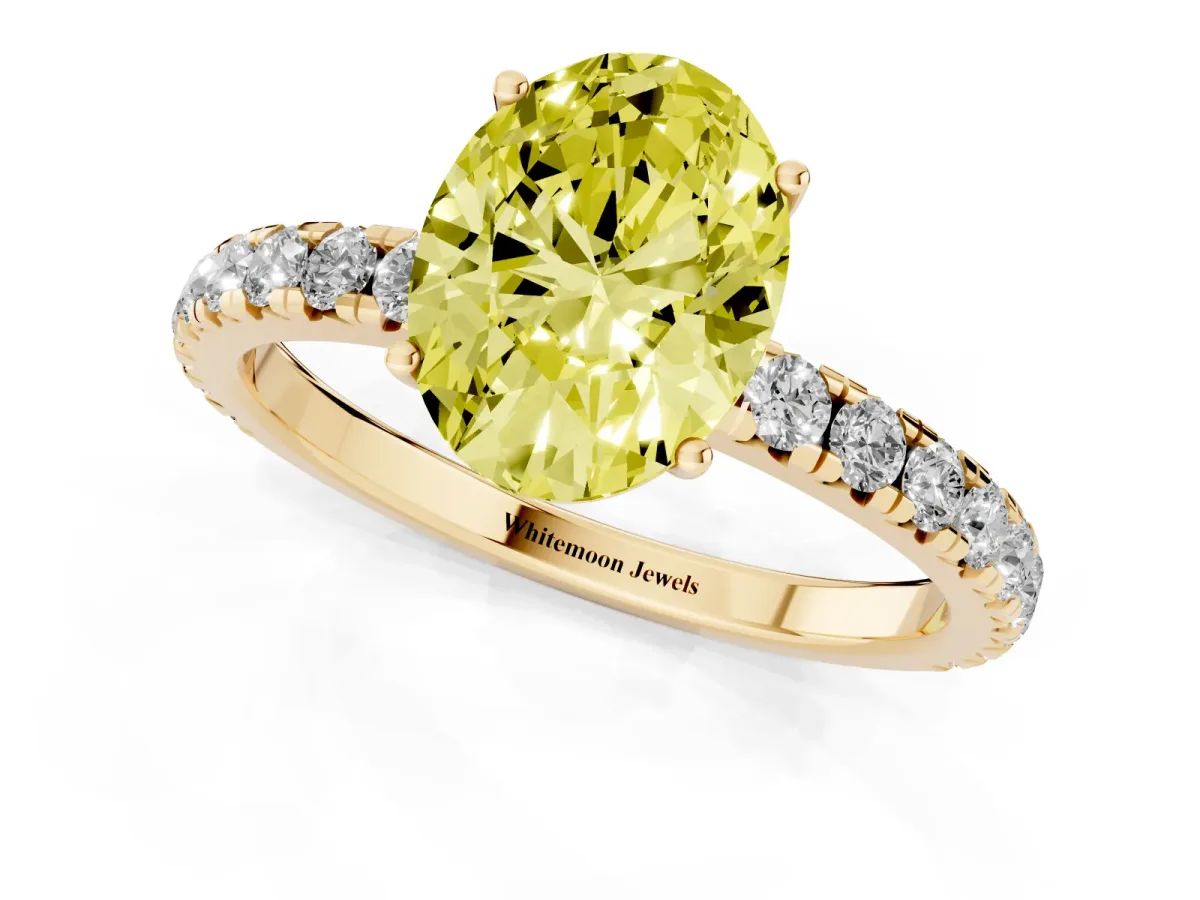 Fancy Yellow Oval Cut Diamond Pavé Solitaire Engagement Ring with Four-Prong Setting Yellow gold