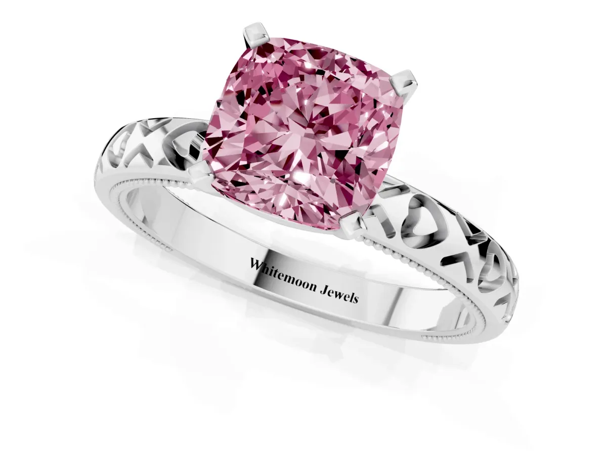 Fancy Pink Cushion Cut Solitaire Diamond Engagement Ring with XO Engraved Band and Four-Prong Setting Platinum