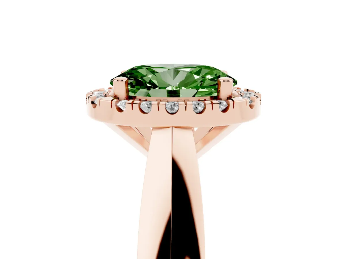 Fancy Green Oval Cut Cut Halo Solitaire Engagement Ring with Square Band and Four-Prong Setting Rose gold