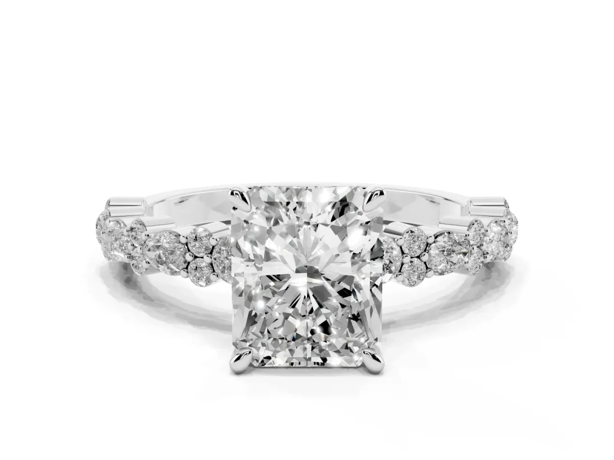 Radiant Cut Diamond Side Stone Solitaire Ring with Round and Four-Prong Setting Platinum