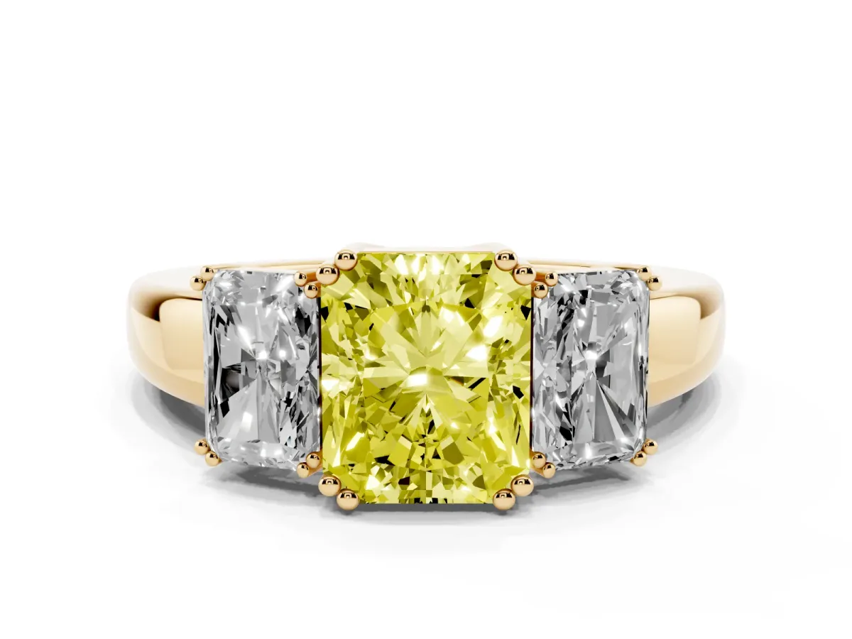 Fancy Yellow Three-Stone Radiant Cut Cut Diamond Ring with Channel Set Band and Four-Prong Setting Yellow gold