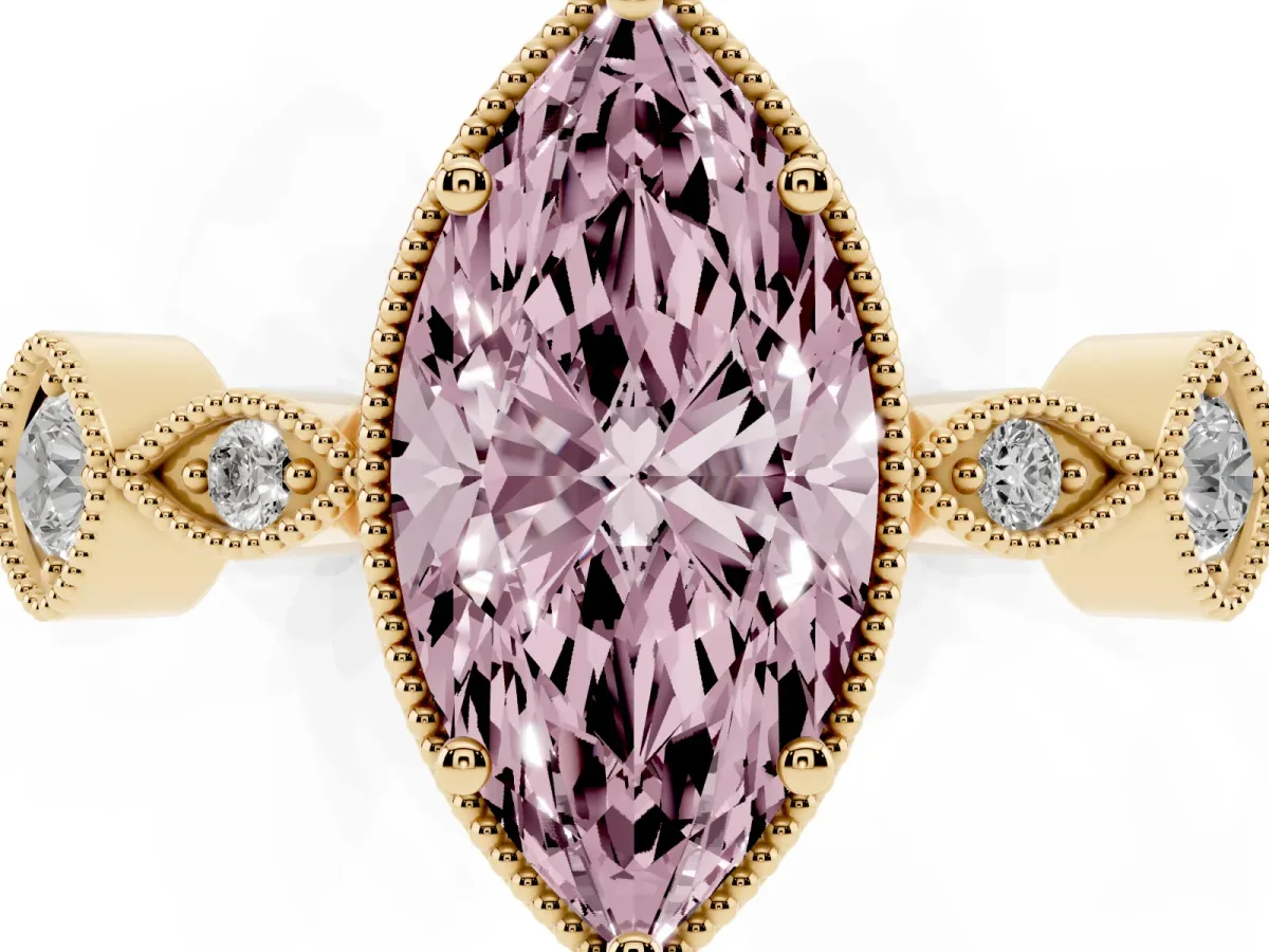Fancy Pink Marquise Cut Diamond Vintage Milgrain Ring with Round Stations Yellow gold