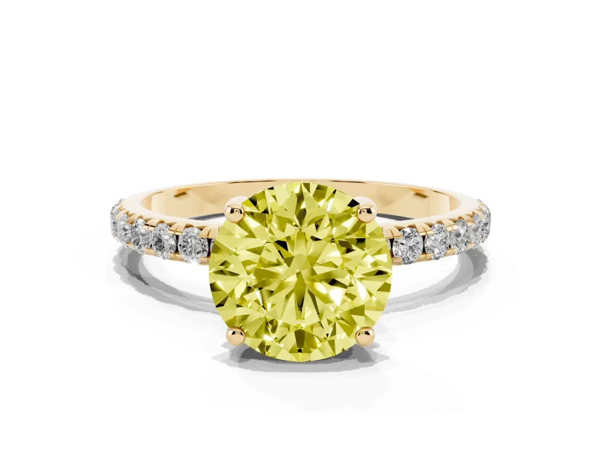 Fancy Yellow Round Cut Cut Diamond Solitaire Ring with Micro Pave Band and Four Prong Setting Yellow gold