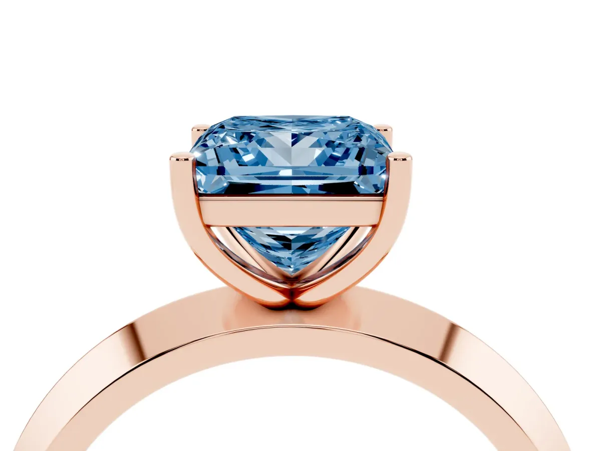 Fancy Blue Princess Cut Cut Solitaire Engagement Ring with Flat Band and Four-Prong Setting Rose gold