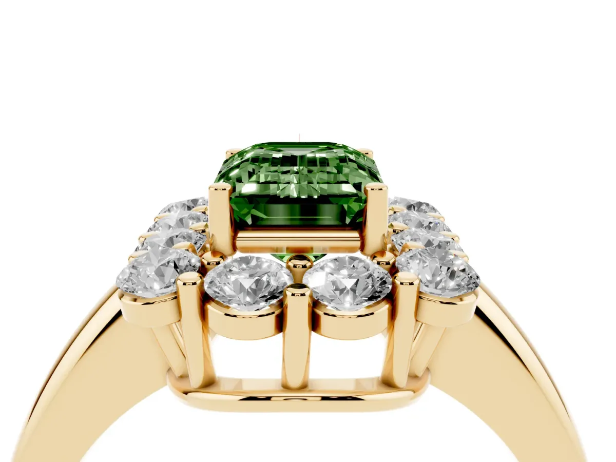 Fancy Green Emerald Cut Halo Cluster Diamond Engagement Ring with Prong Setting and Polished Band Yellow gold