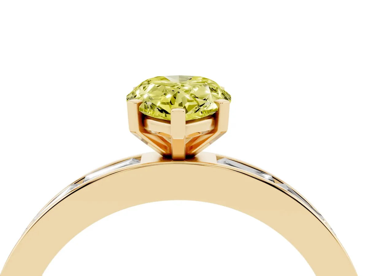 Fancy Yellow Pear Cut Solitaire Diamond Ring with Channel-Set Baguette Band and Four-Prong Setting Yellow gold