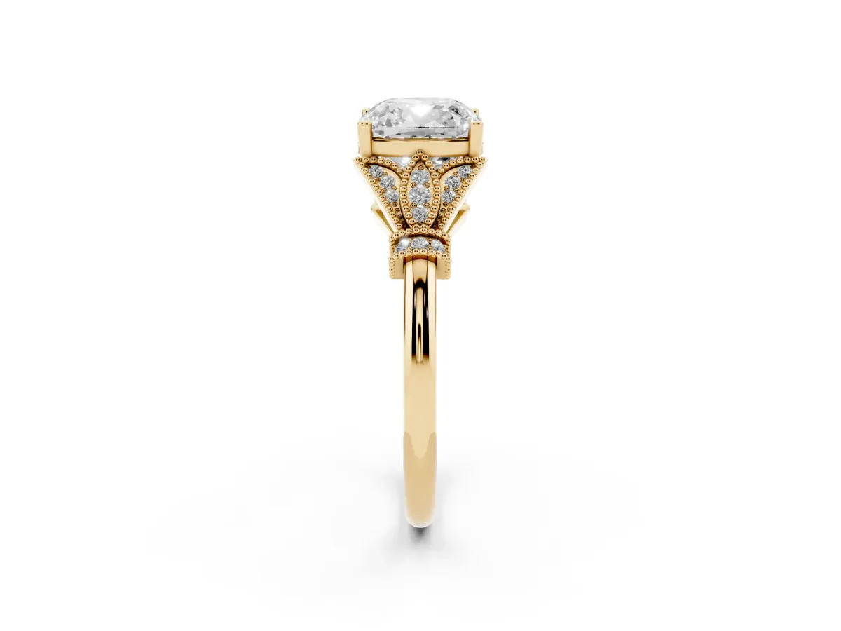 Cushion Cut Diamond Solitaire Ring with Floral Filigree and Pave Accents Yellow gold