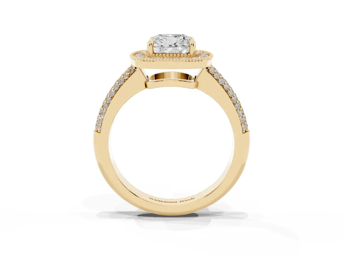 Cushion Cut Cut Halo Diamond Pave Band with Four-Prong Setting Yellow gold