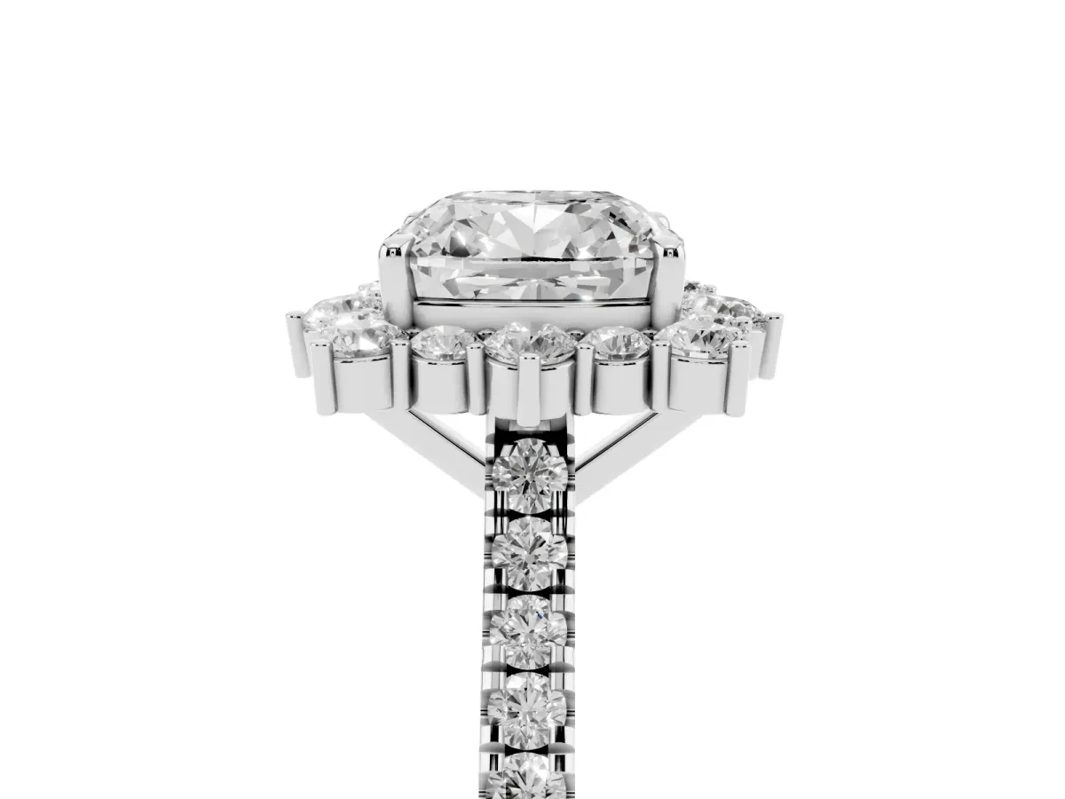 Cushion Cut Halo Diamond Ring with Pavé Band and Prong Setting Silver