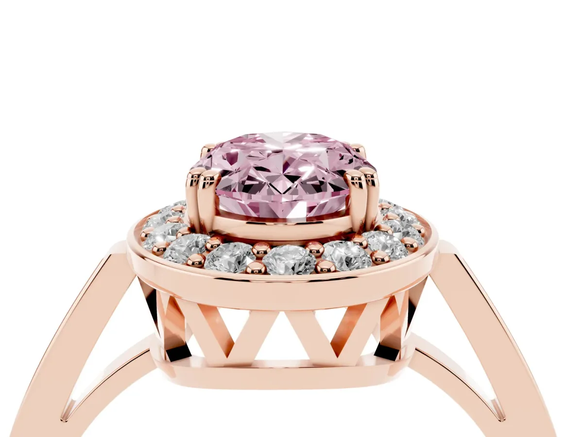 Fancy Pink Oval Cut Diamond Halo Ring with Split Shank and Four-Prong Setting Rose gold