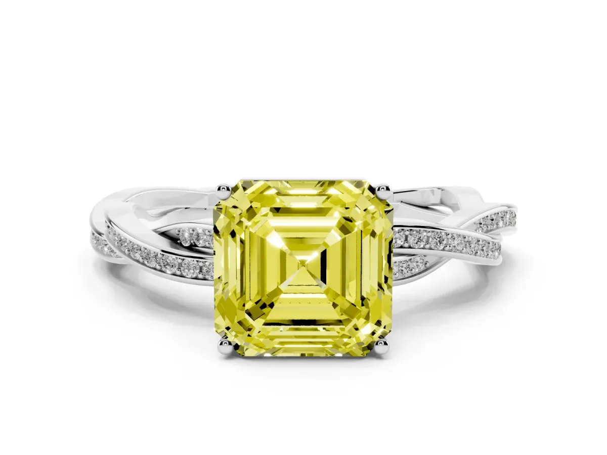 Fancy Yellow Asscher Cut Solitaire Twisted Pave Diamond Ring with Four-Prong Setting Silver