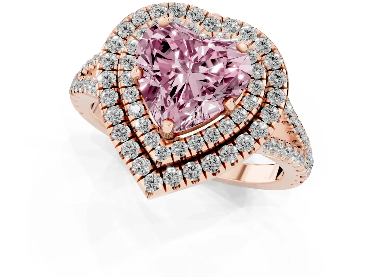 Fancy Pink Heart Cut Diamond Double Halo Ring with Pavé Band and Prong Setting Rose gold