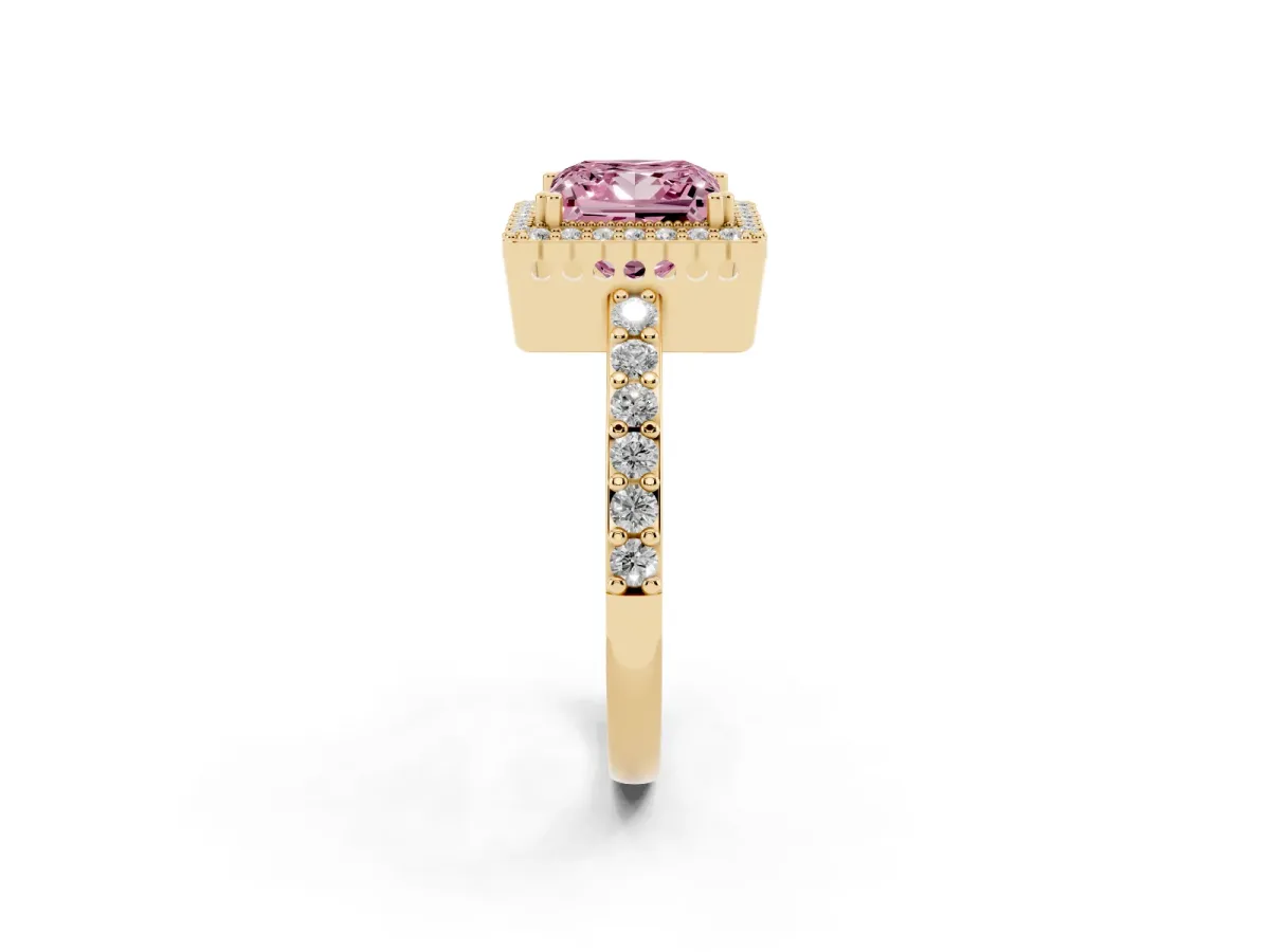 Fancy Pink Princess Cut Cut Diamond Halo Engagement Ring with Milgrain Detail and Pavé Band Yellow gold