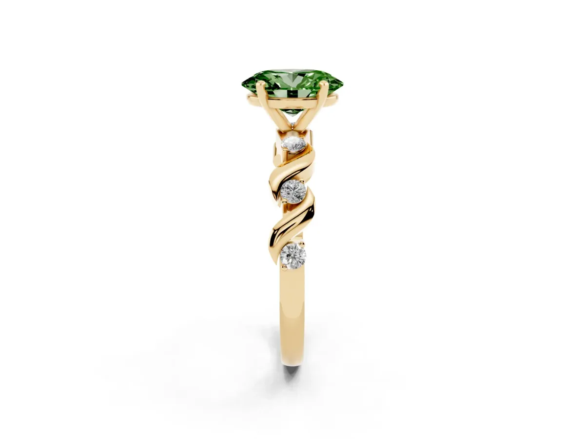Fancy Green Oval Cut Diamond Solitaire Twisted Band with Round Accents and Prong Setting Yellow gold