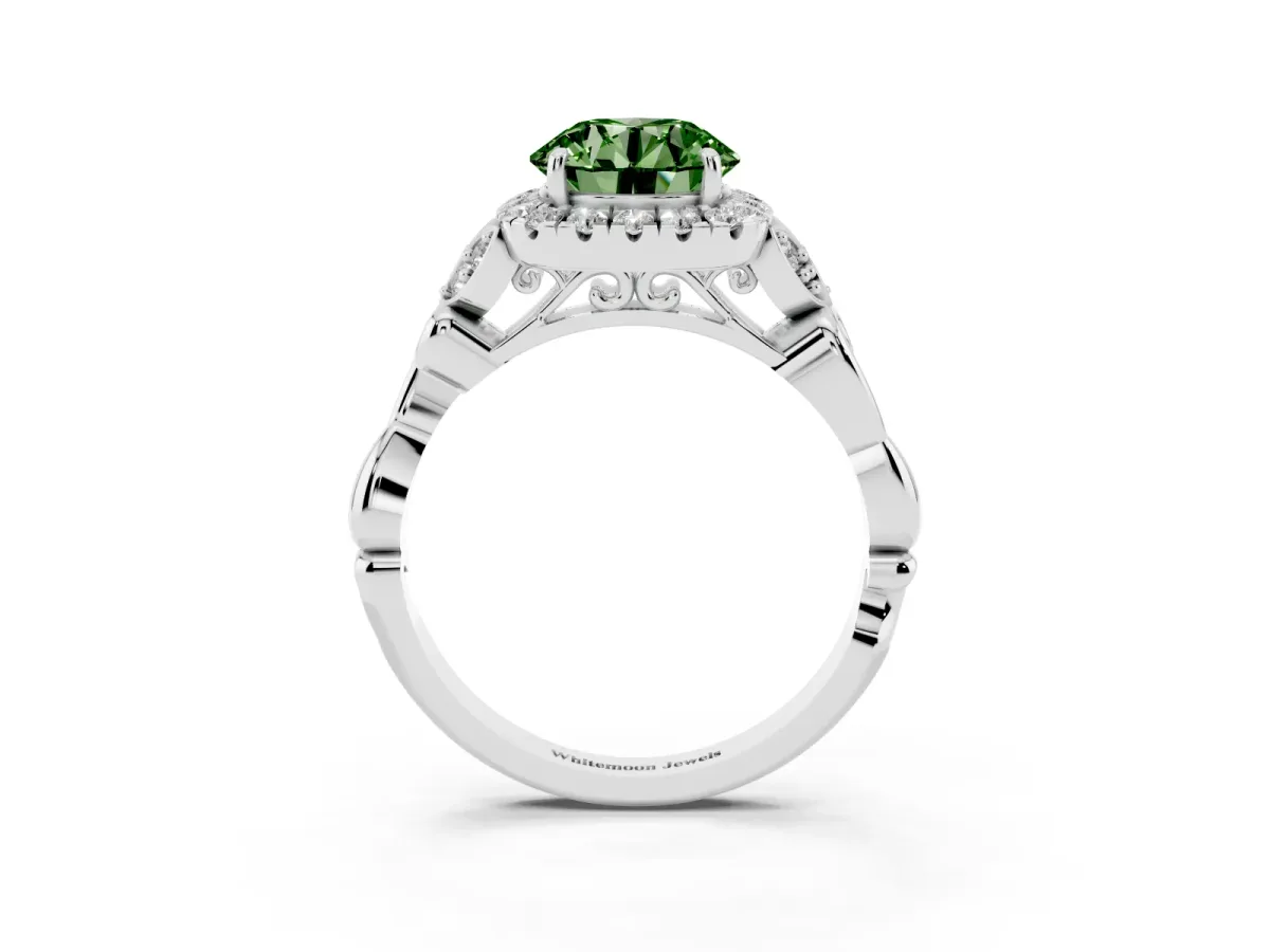 Fancy Green Round Cut Halo Diamond Engagement Ring with Vintage-Inspired Band and Four-Prong Setting Silver