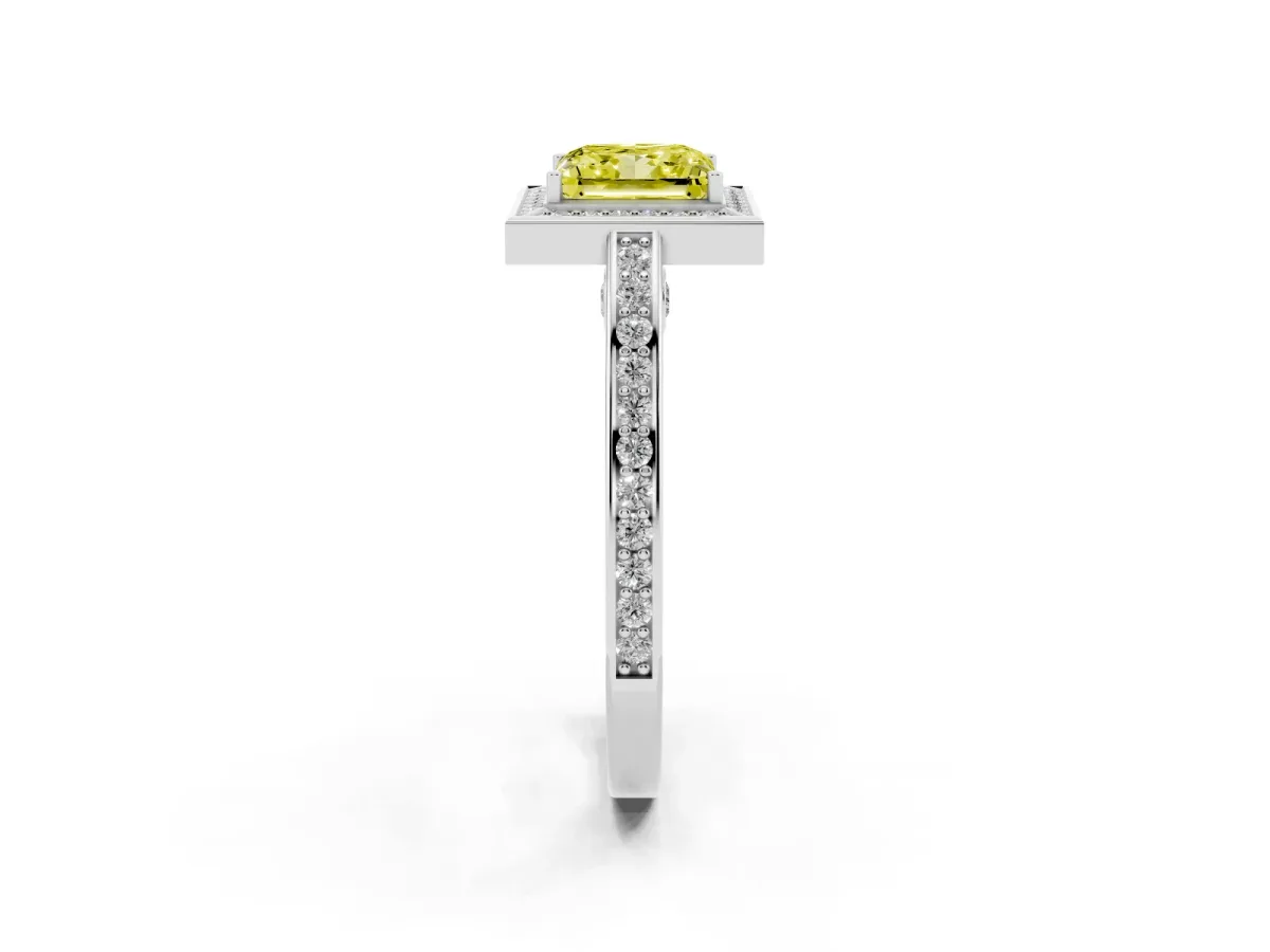 Fancy Yellow Princess Cut Cut Halo Pave Split Shank Prong Setting Ring White gold