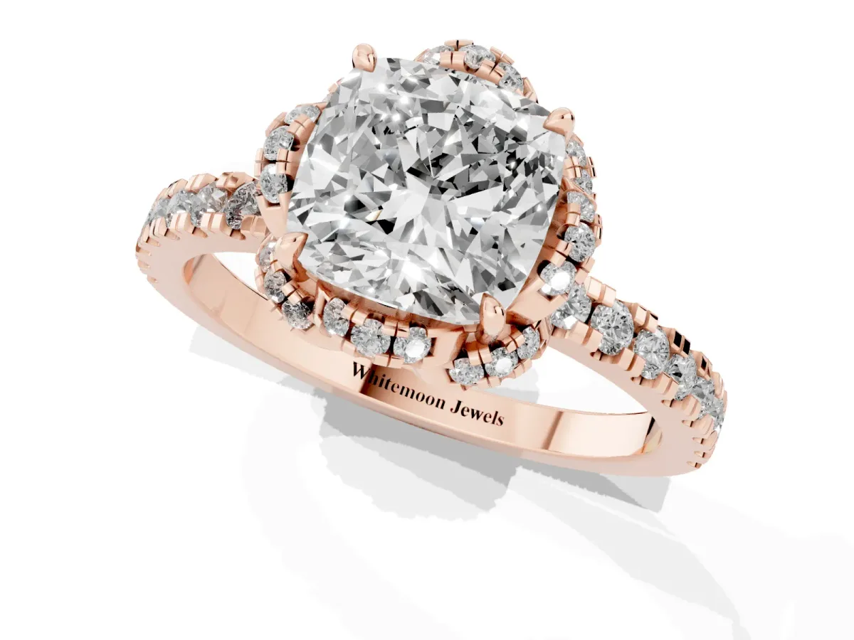 Cushion Cut Halo Diamond Pave Band Ring with Four-Prong Setting Rose gold
