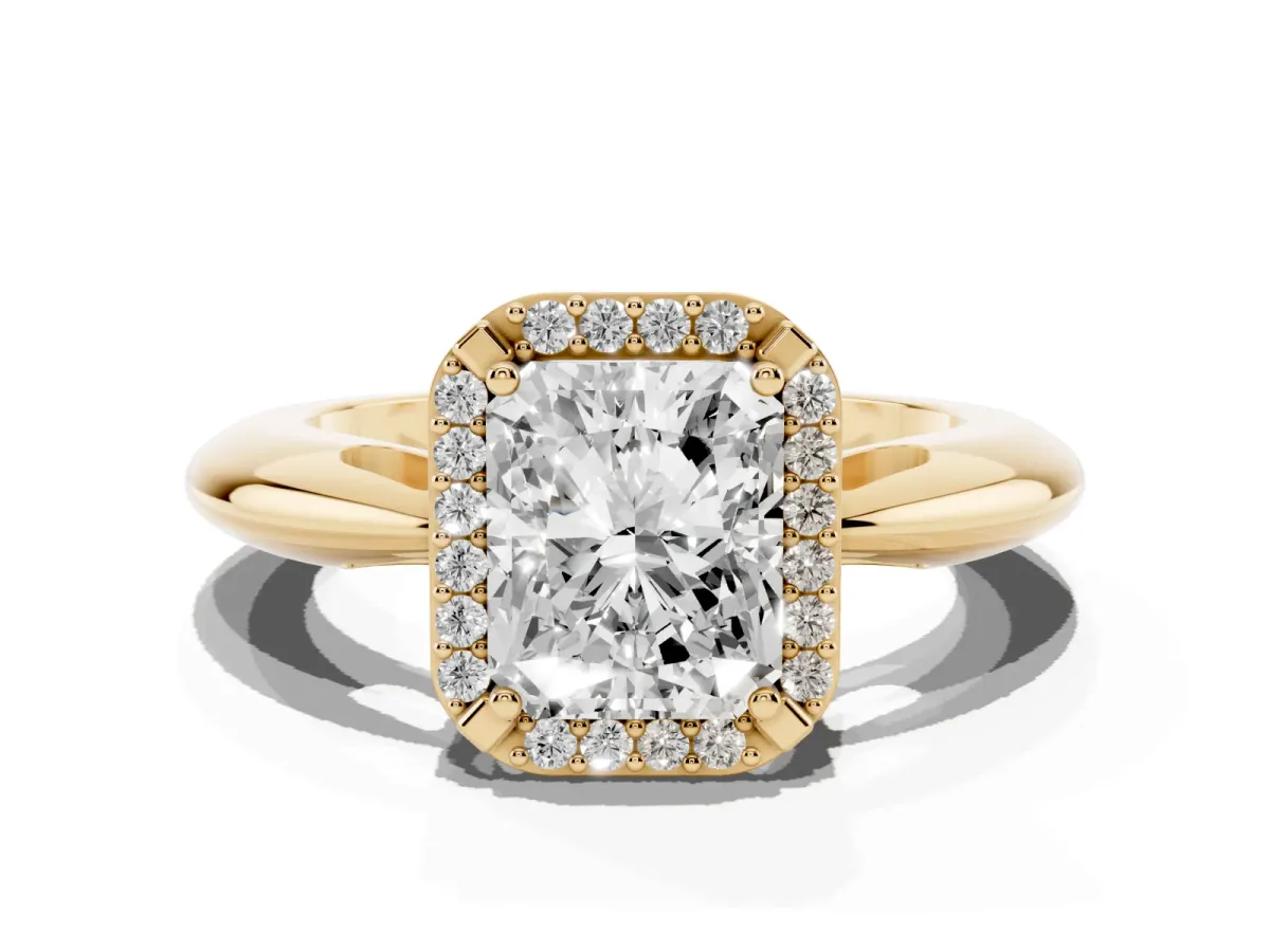Radiant Cut Cut Diamond Halo Engagement Ring with Split Shank and Four-Prong Setting Yellow gold