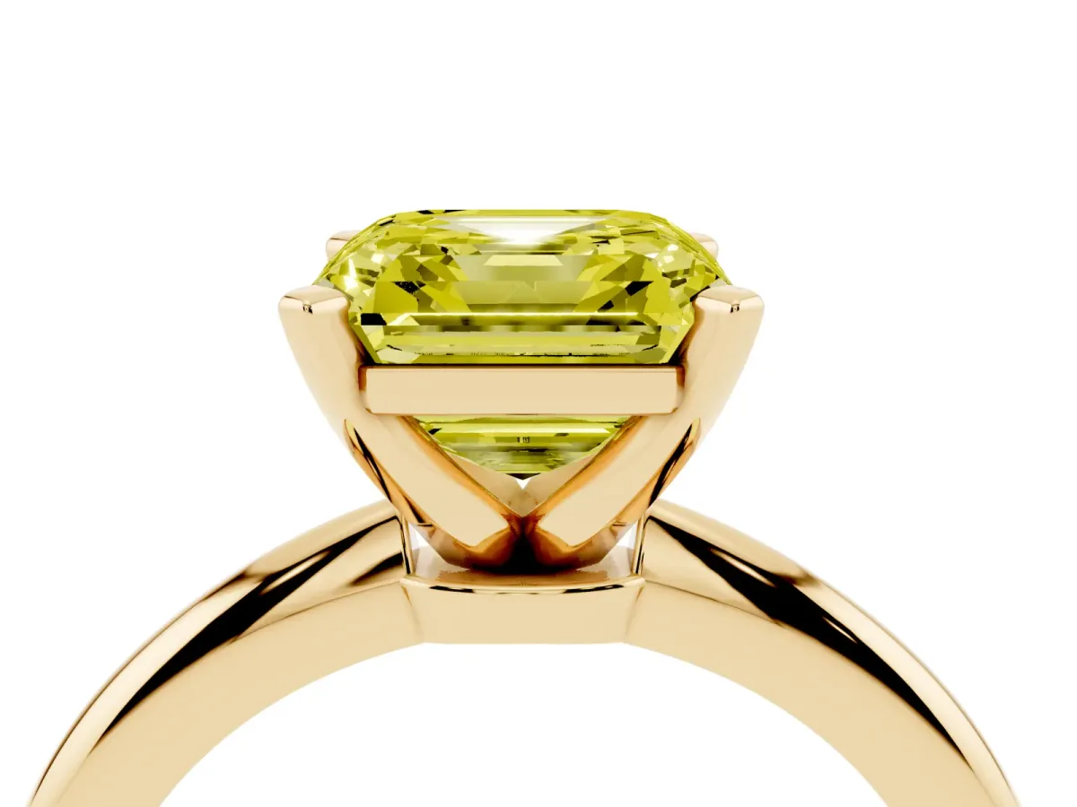 Fancy Yellow Asscher Cut Diamond Solitaire Ring with Prong Setting and Classic Band Yellow gold