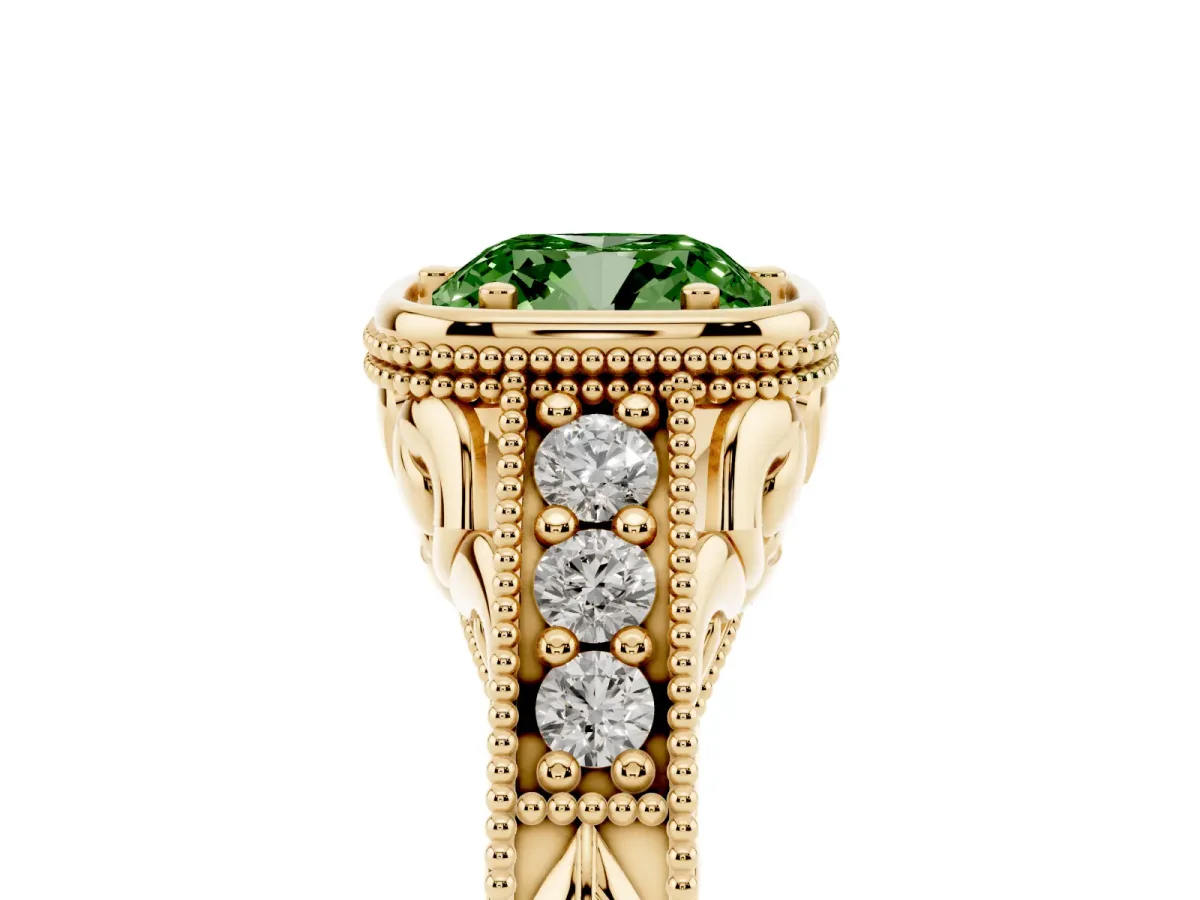 Fancy Green Bezel Set Cushion Cut Diamond Milgrain Pave Engagement Ring Yellow gold