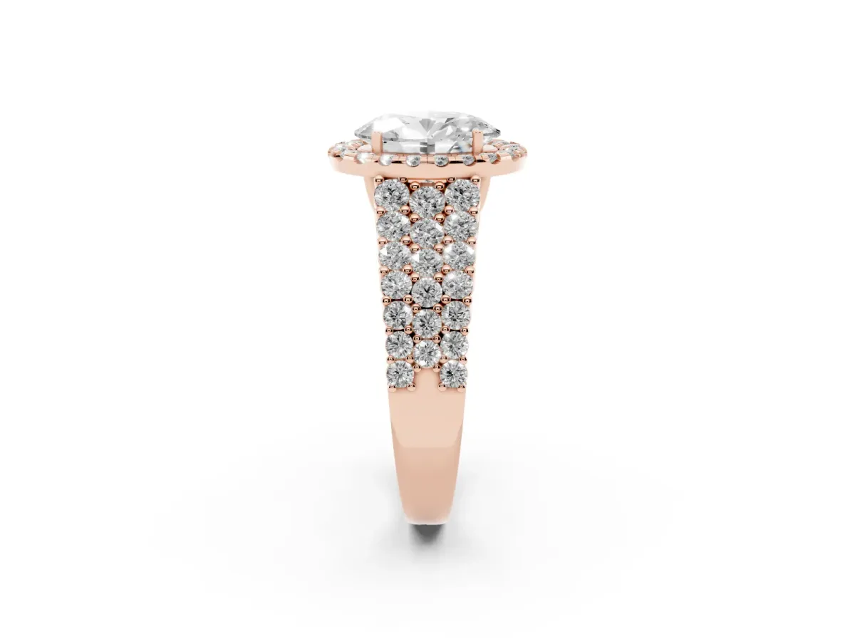 Oval Cut Diamond Halo Engagement Ring with Triple Row Round Pavé Band and Prong Setting Rose gold
