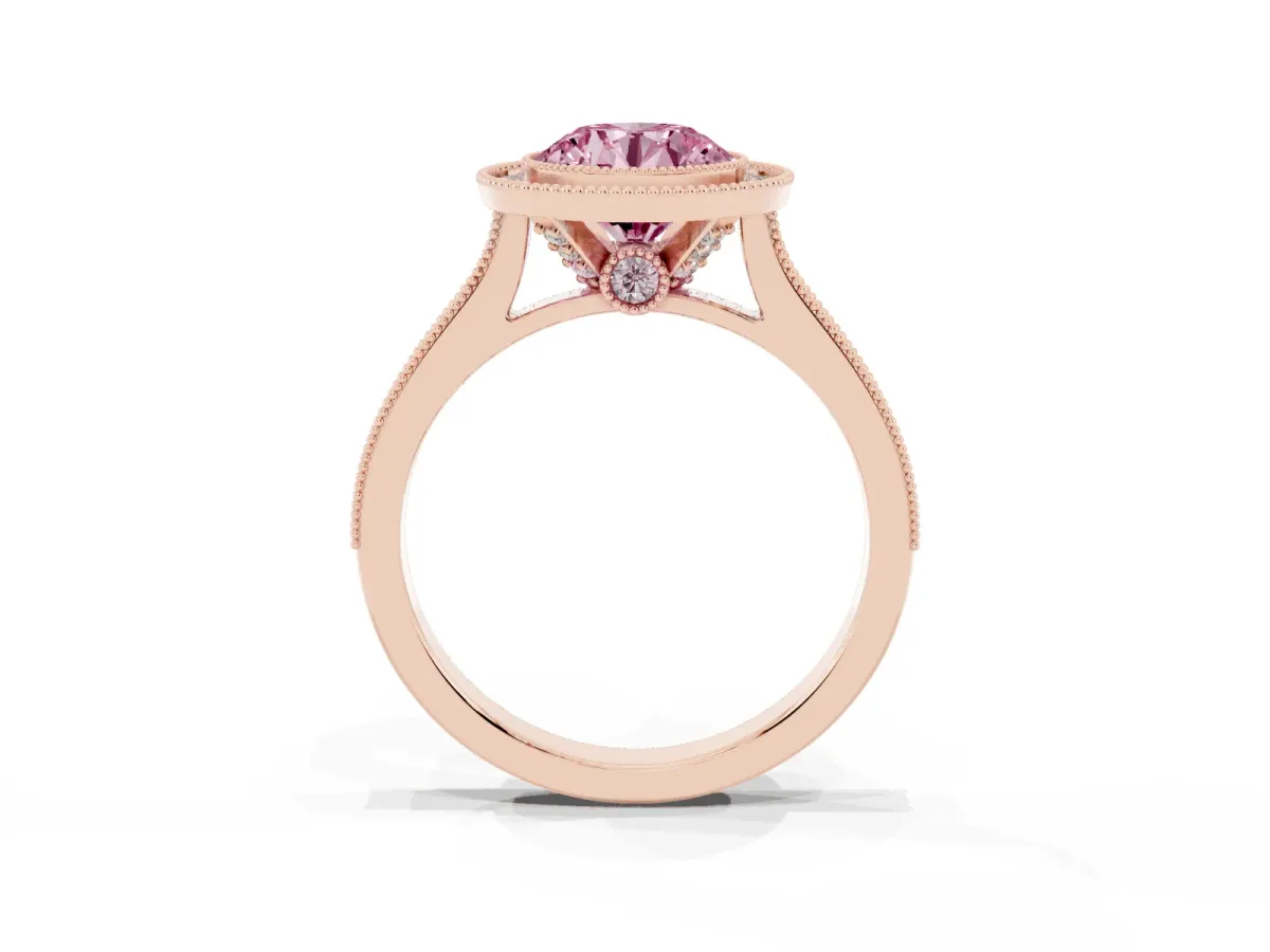 Fancy Pink Halo Round Cut-Cut Diamond Pave Band Milgrain Prong Setting Ring Rose gold