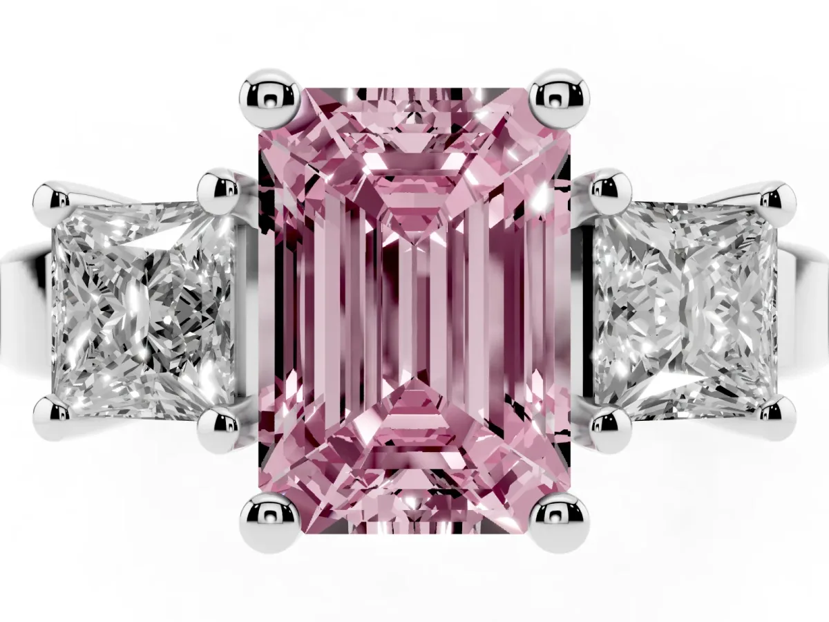 Fancy Pink Three-Stone Emerald Cut Cut Solitaire Ring with Prong Setting Silver