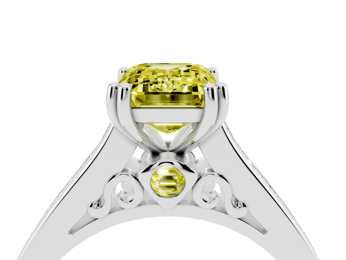 Fancy Yellow Emerald Cut Cut Channel Set Solitaire Engagement Ring with Prong Setting Silver