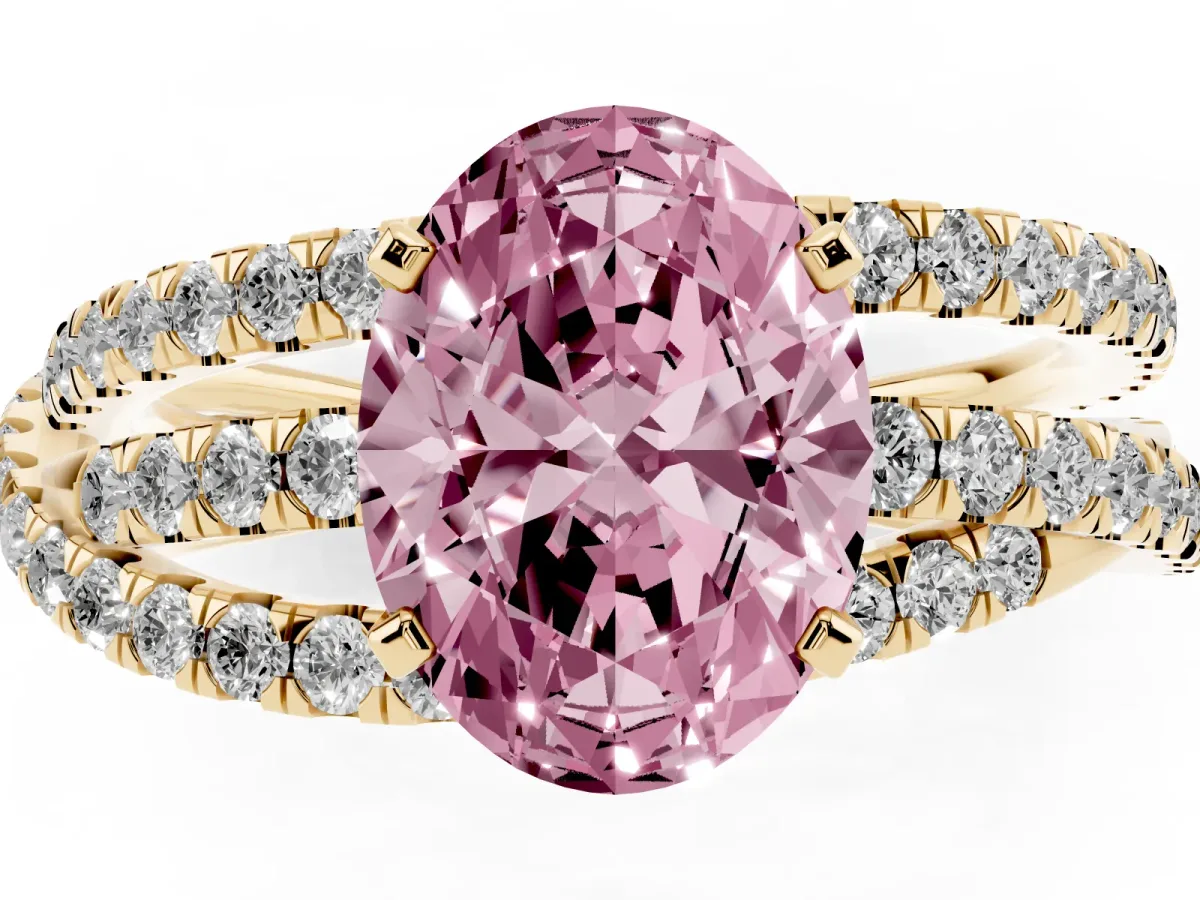 Fancy Pink Oval Cut Solitaire Twist Band with Pavé Setting and Four-Prong Setting Yellow gold
