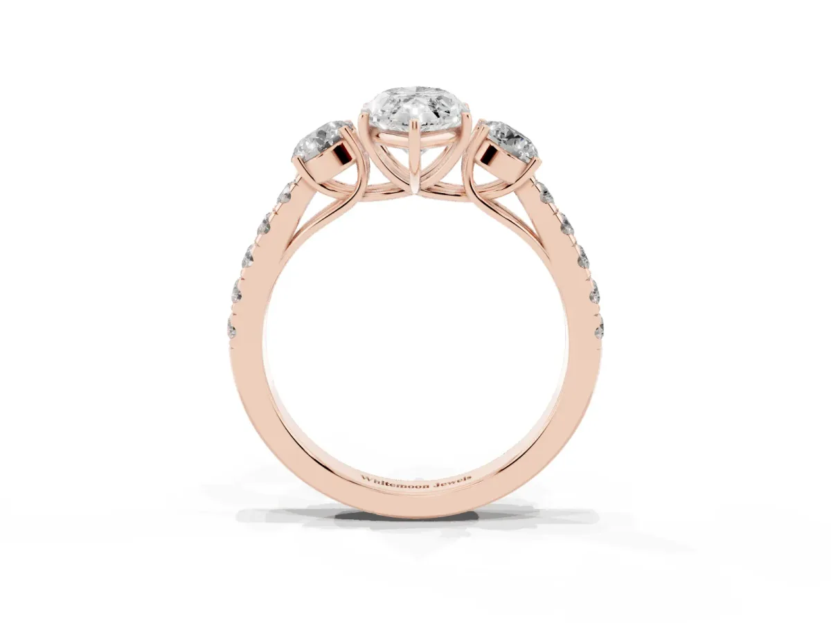 Marquise Cut Cut Diamond Three-Stone Ring with Round Side Stones and Pavé Band Rose gold