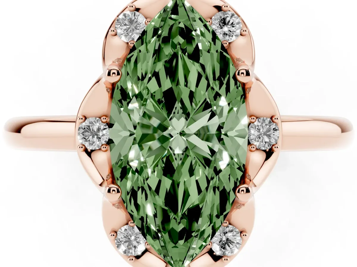 Fancy Green Marquise Cut Halo Diamond Ring with Round Cluster Setting, Solitaire Band, and Four-Prong Setting Rose gold
