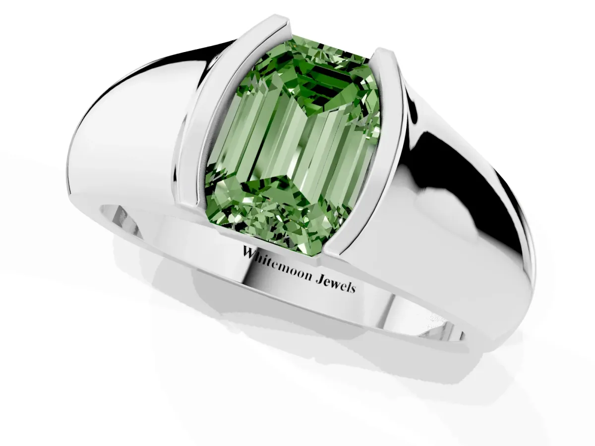 Fancy Green Emerald Cut Solitaire Bezel Set Diamond Ring with Wide Band Platinum
